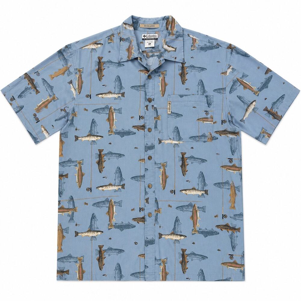 Columbia River lodge Shirt Sleeve Button Up Fish Pattern Top. Blue men’s XL